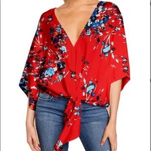 Red Floral Tie-Hem V-Neck Cape-Sleeve Top - Women